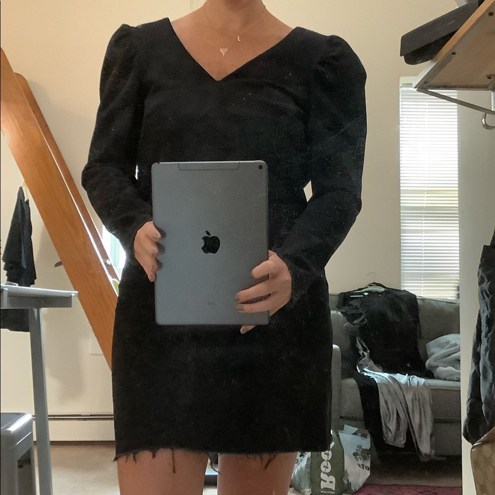Puff Sleeve Black Denim Distressed Dress